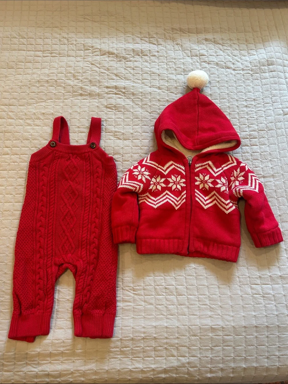 Hanna Andersson Red Knit Baby Hoodie & Cable Knit Overalls Set